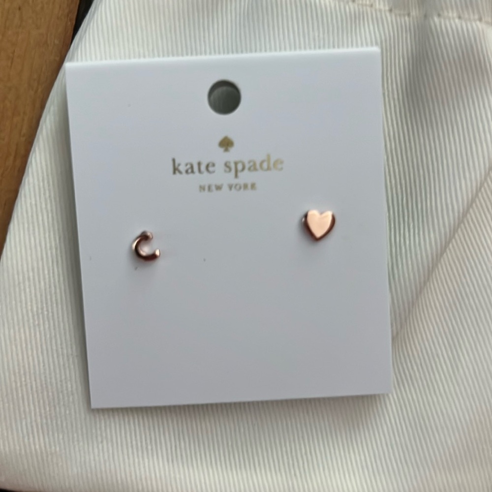 Kate Spade Rose Gold ‘C’ Initial and Heart Stud Earrings - New With Tags!